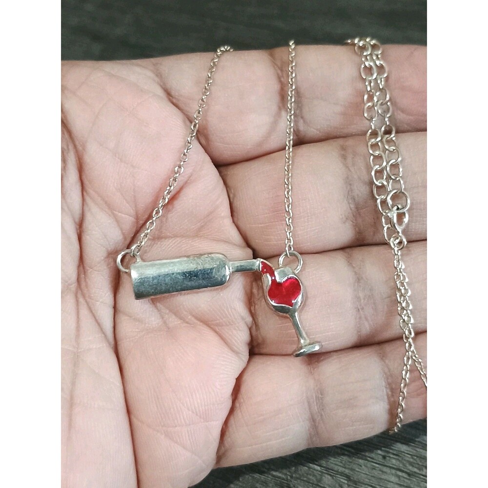 Wine Bottle Glass Sterling Silver Red Enamel Necklace Tested